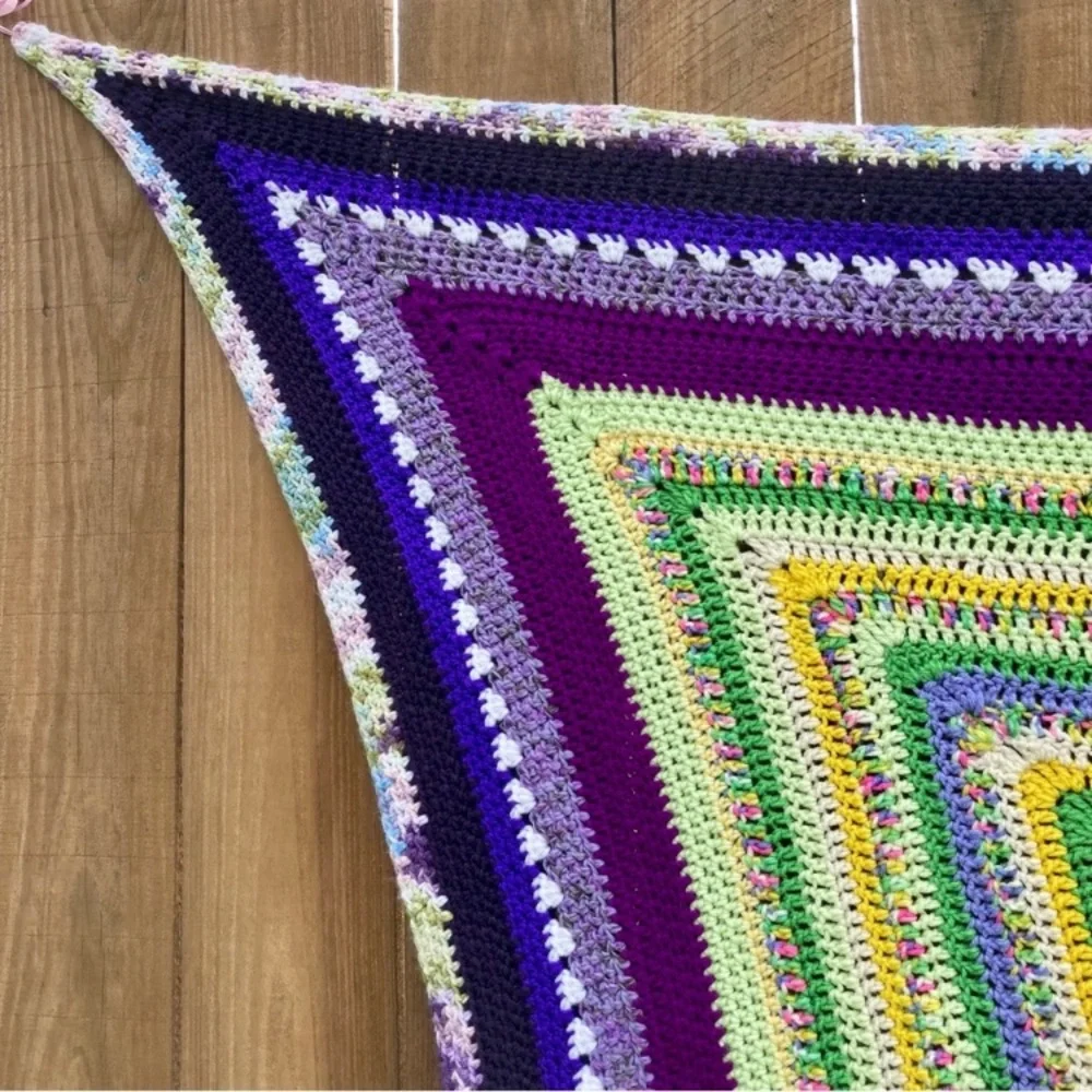Small Handmade Crocheted Throw Blanket 54” x 52” Purple Green Yellow Pink